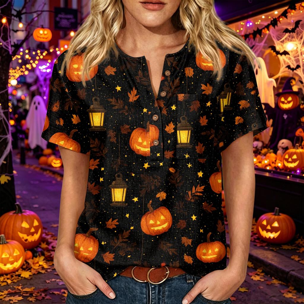 Women's Halloween Print Henley Neck Short Sleeve Linen Blend Shirt with Chest Pocket Casual Button Down Top for Fall Seasonal Wear