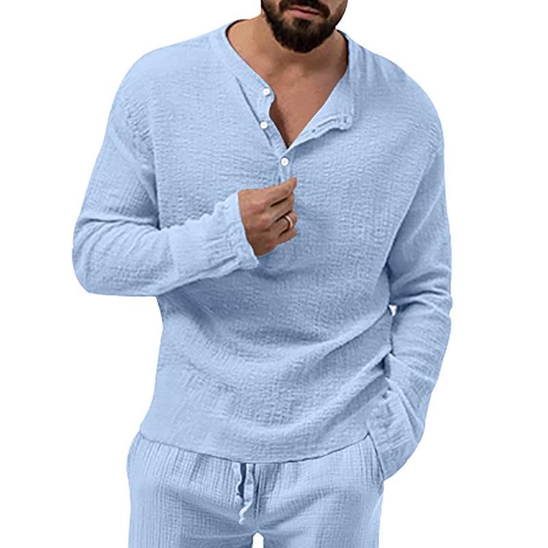 New Autumn Long Sleeve T-shirt Men's Loose Button V-neck Top