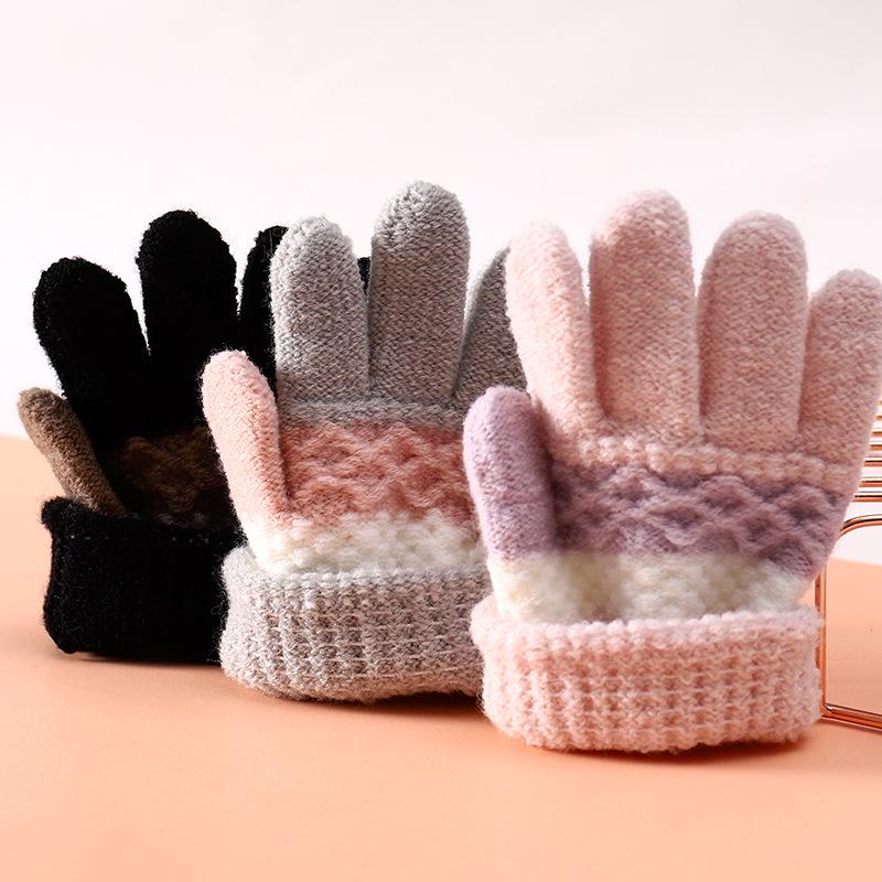 Cute Striped Fingerless Knitted Gloves for Kids - Autumn/Winter