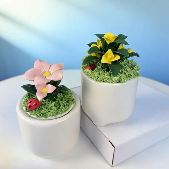 Handmade Mini Flower Figurine Artificial Ceramic Flowers in Pot for Car Dashboard Bathroom Home