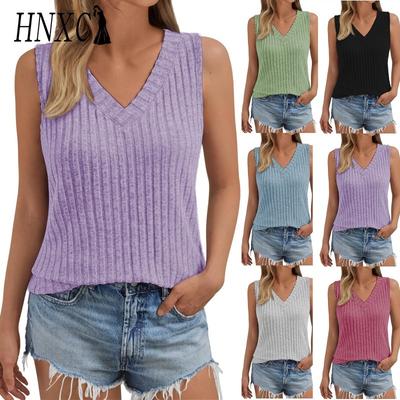 Bluse e Camicie Casual da Donna HNXC, Colore Unito Stampato, Senza Maniche, Scollo a V