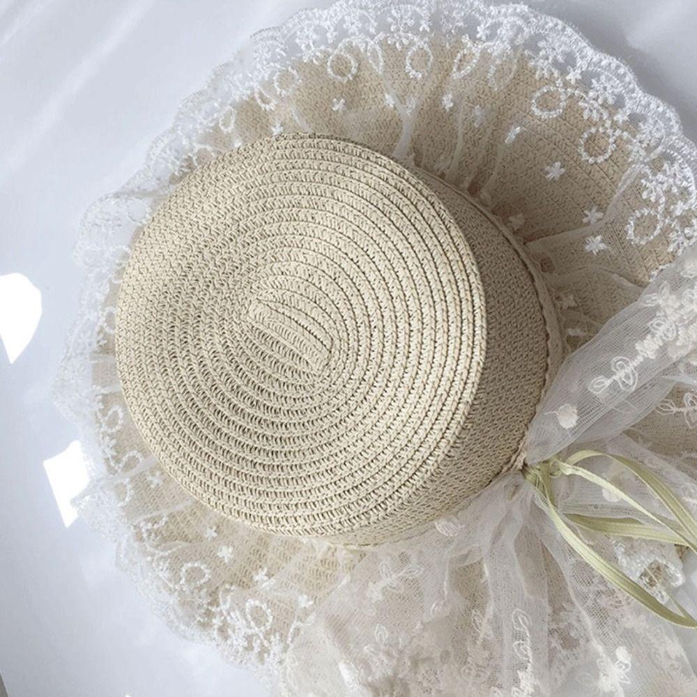 Fisherman Cap Lace Bow Sun Hat Adjustable Breathable Straw Beach Hat Lace Ruffle Wide Brim Hat Summer Beach