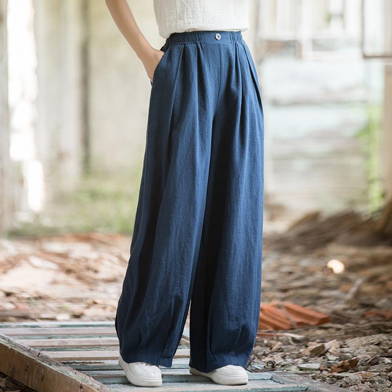 Johnature Women Vintage Harem Pants Summer Chinese Style Solid Color Trousers Elastic Waist Long Pants