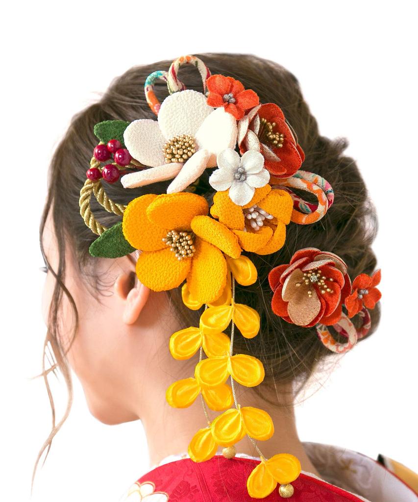 SOUBIEN Hair Ornaments for Ceremonies and Yellow and Orange with Plum and Nandina Japanese Hanging Kumihimo and Hair Graduation Made in Japan