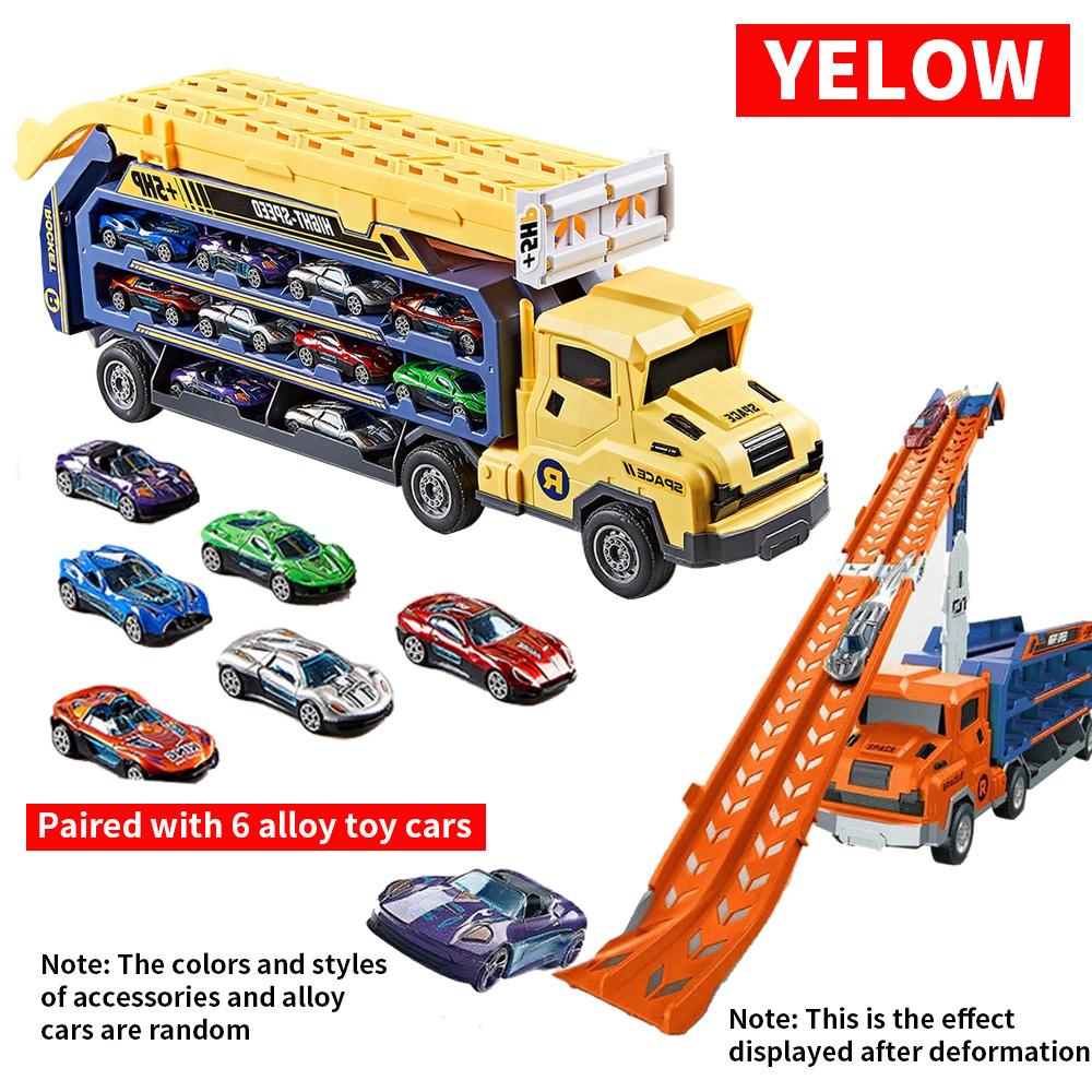Multi functional Rail Car Toy Set - Includes 6 toy cars, roller coaster type track design, transformable truck жёлтый