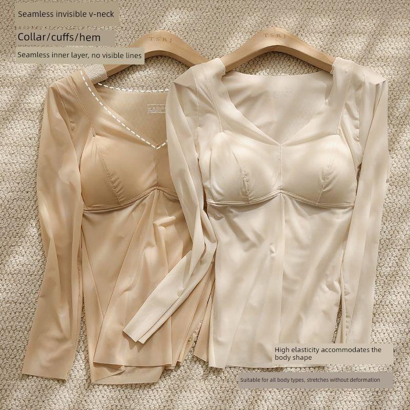Autumn and Winter Ultra-Thin Thermal Beauty-Enhancing Clothing with Built-In Chest Pads for Women, Slimming Seamless Base Layer Long-Sleeve Top