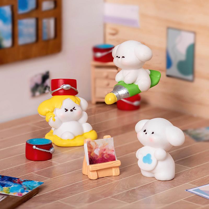 Mini Malerei Kleine Weiße Hund Figur Cartoon Welpe Ornament Mikro Landschaft Auto Innenraum Heim Desktop Dekoration