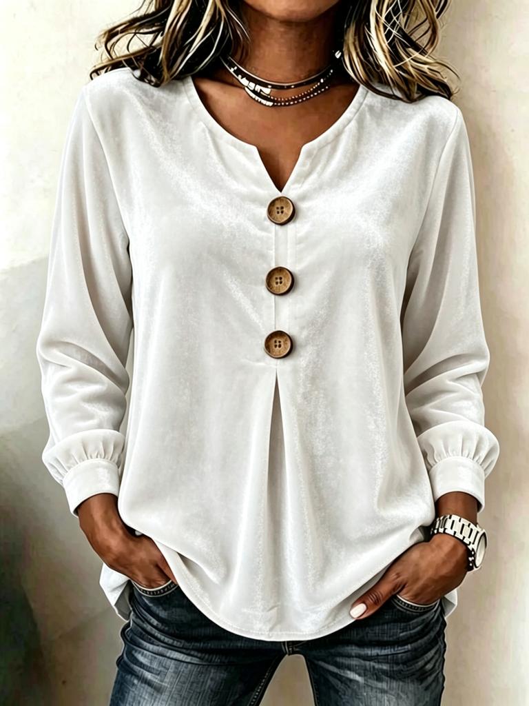Blouse Boutonnée à Col en V en Velours pour Femme Haut Décontracté à Manches Longues Hauts Élégants en Satin