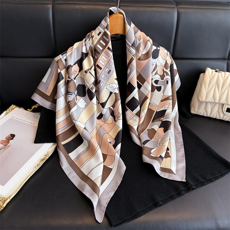 Korean version of the new geometric flower oblique silk pattern large square scarf fashion printing imitation silk dust shawl headscarf women