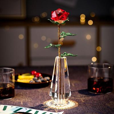 Crystal Rose Vase Figurine Golden Green Leaves Rose Ornament Home Decor Birthday Wedding Gift