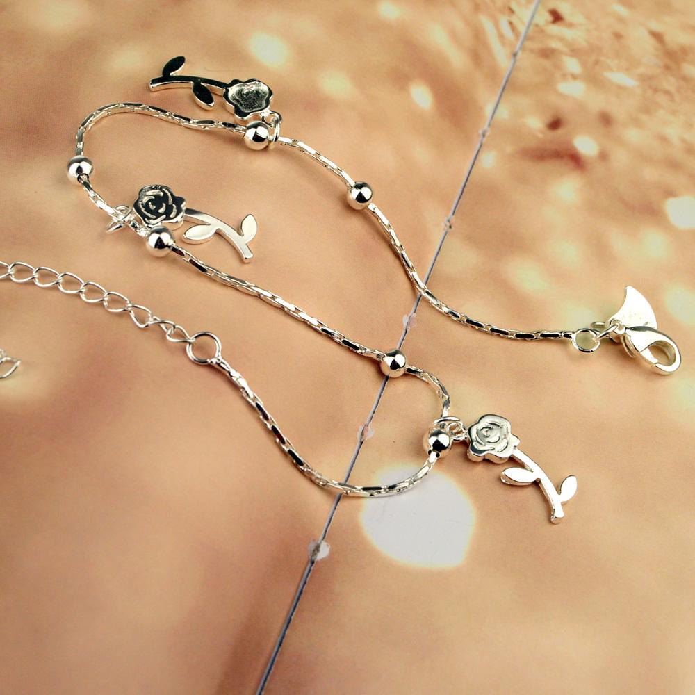 Schlichte Fußkettchen mit Rosen-Anhänger, 100 % 925er Sterlingsilber, Damen-Fußschmuck, Strand-Barfuß-Sandalen, Armband am Bein, Knöchel-Geschenk