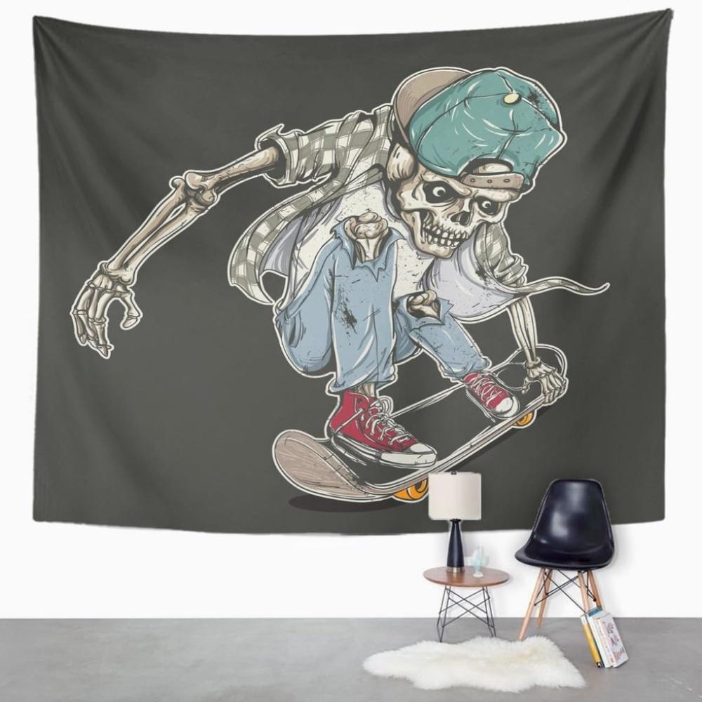 Skateboarding Skeleton Tapestry, American Street Graffiti Wall Art for Bedroom Decor