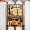 2D Flat, 1pc Paris Cafe Metal Sign Wall Art, La Vie Est Belle, Heart Latte, Eiffel Tower, Window View, Warm Sepia Tone, Ideal for Kitchen Dining Room,
