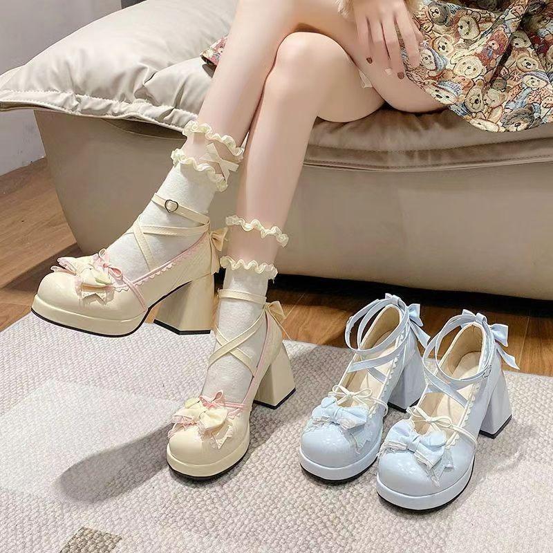 Fashion Women Platform Lolita Shoes Bow Thick Heel Mary Janes Shoes Party Banquet Shoes Sweet Princess Style College Style Leather Pumps