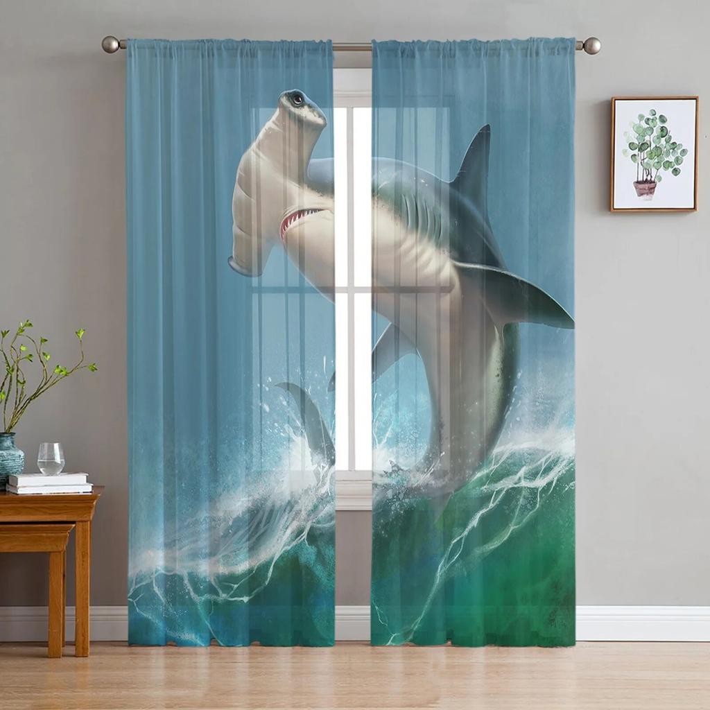 Ocean Wave Spray Shark Chiffon Gardinen für Wohnzimmer Dekoration Fenster Voile Tüll Vorhang Vorhänge