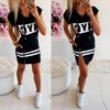 Women Fashion Bodycon Short Dress Casual Short Sleeve Hoodie with Letter Pattern Drawstring Zipper Hoody