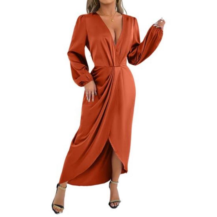 Women Satin Maxi Dress V Neck Long Sleeve High Slit Wrap Dress S оранжевый