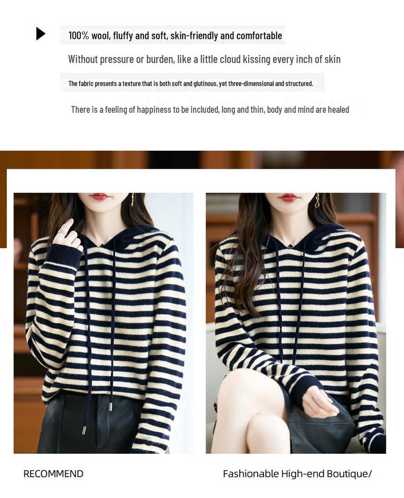 Women's 100% Pure Wool Hooded Knitwear, Loose Fit with Drawstring Stripes, Autumn/Winter Color Block Cashmere Hoodie