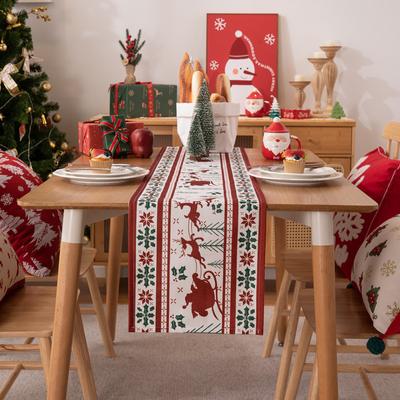 Polyester Cotton Digital Printing Christmas Decoration Table Cloth Red Elk Snowflake Christmas Table Flag