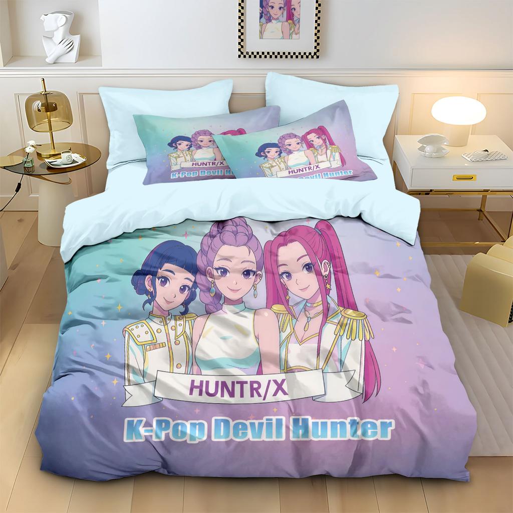 3-teiliges K-Pop-Bettwäscheset mit Dämonenjäger-Motiv, EU-Einzelgröße, Bettbezug, Bettbezug für Kinder und Erwachsene, K-Pop-Huntrix