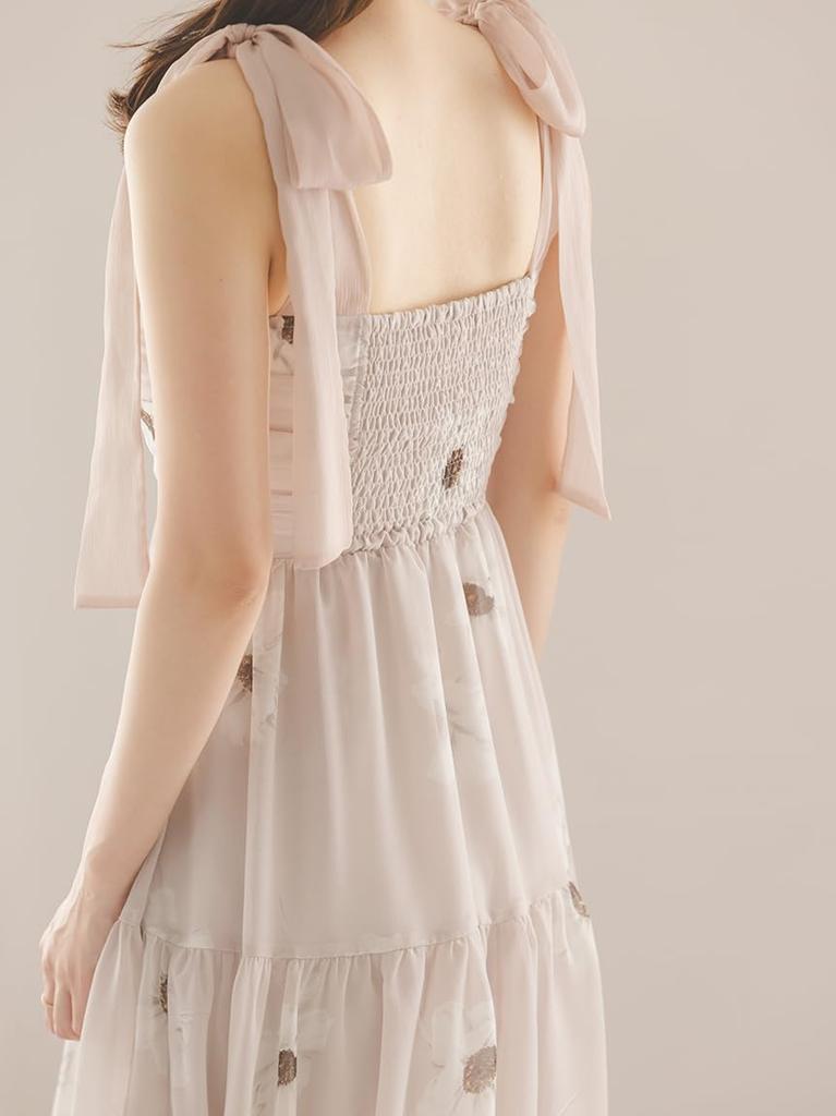 Flower Print Shoulder Ribbon Dress SWFO254330 PBEG 1