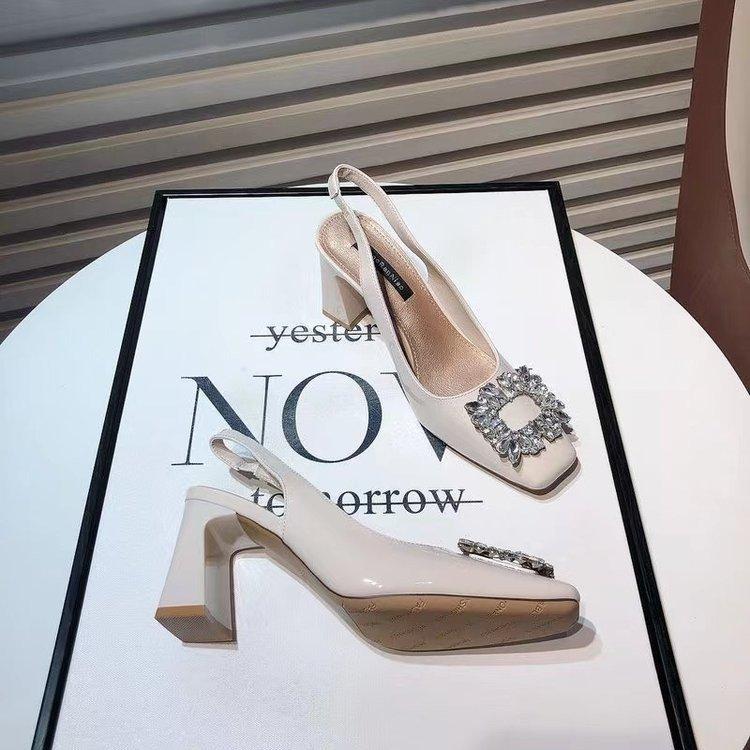 Celebrity Fan square head rhinestone square buckle high heels women 2025 new Internet celebrity word with patent leather thick heel empty shoes