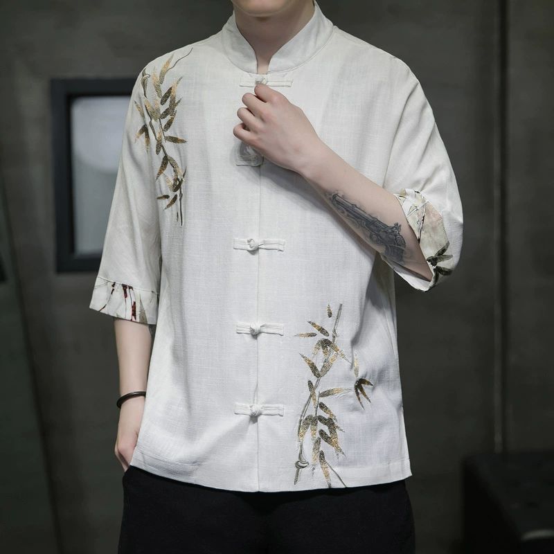 Linen Shirt Men's Short-sleeved Chinese Style Disc Button Half-sleeved Tang Suit Summer Chinese Style Men's Cotton and Linen Five-point Sleeve Shirt