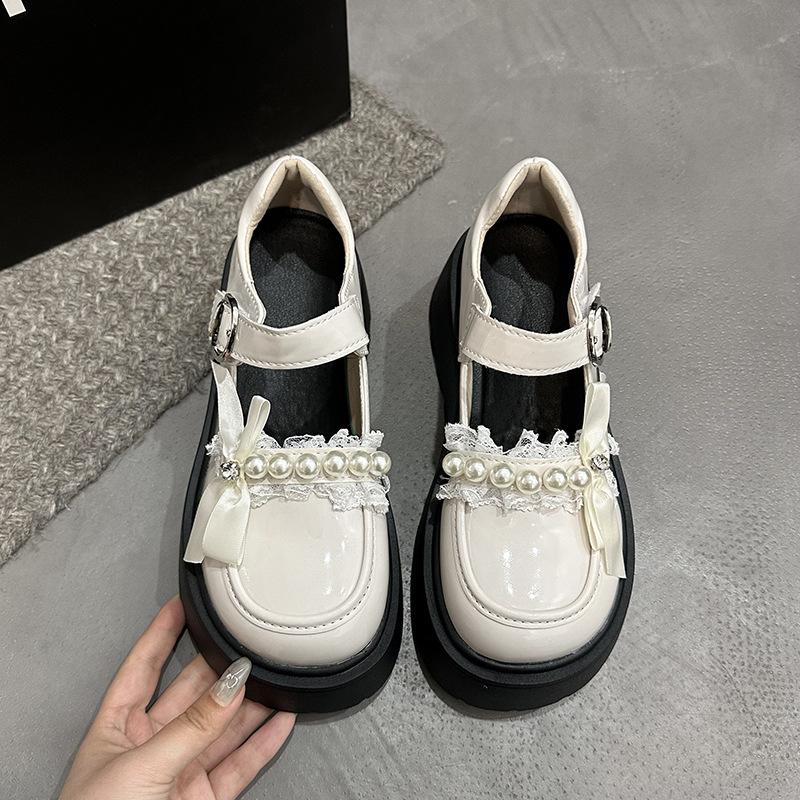 White Versatile Platform Small Leather Shoes Women's Bow Japanese Lolita Jk Shallow Mouth Mary Jane Shoes Buckle Loafers