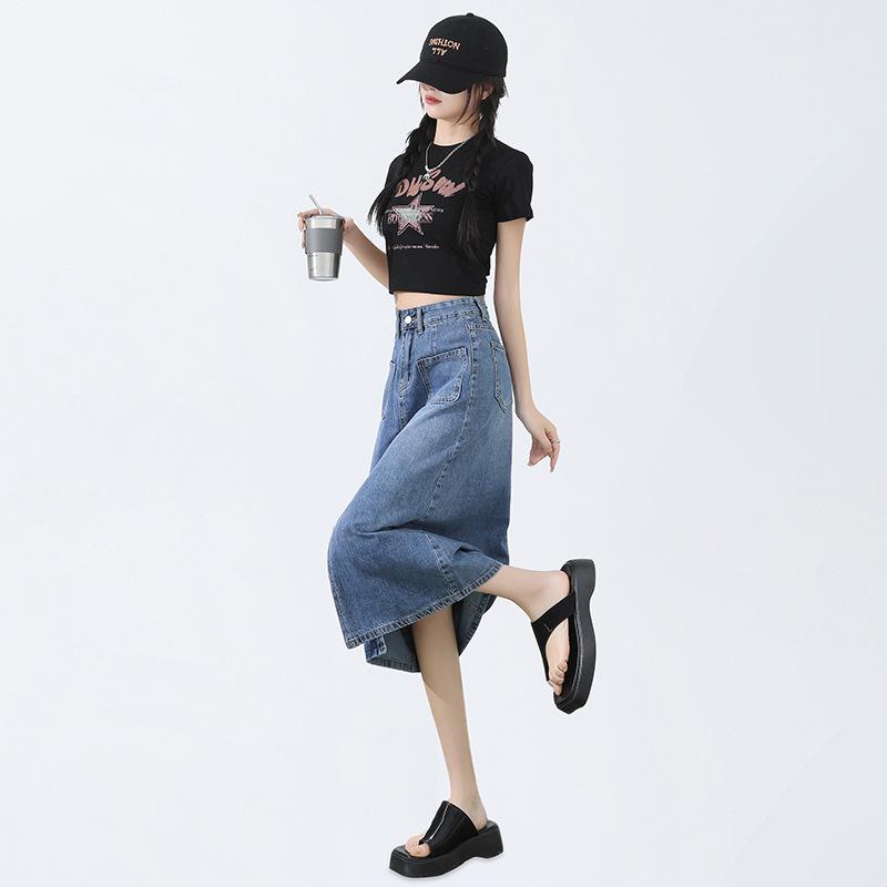 High Waist Slit Denim Skirt for Women In Spring Retro Slim A-line Hip-covering Large Size Mid-length Skirt