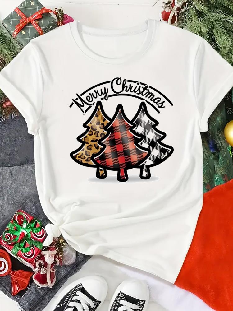 (Asian Size) Print merry Christmas o-neck Women's Top new year T Clothing tree sweet 90s  Short Sleeve T-shirts Fashion holiday Graphic Tee