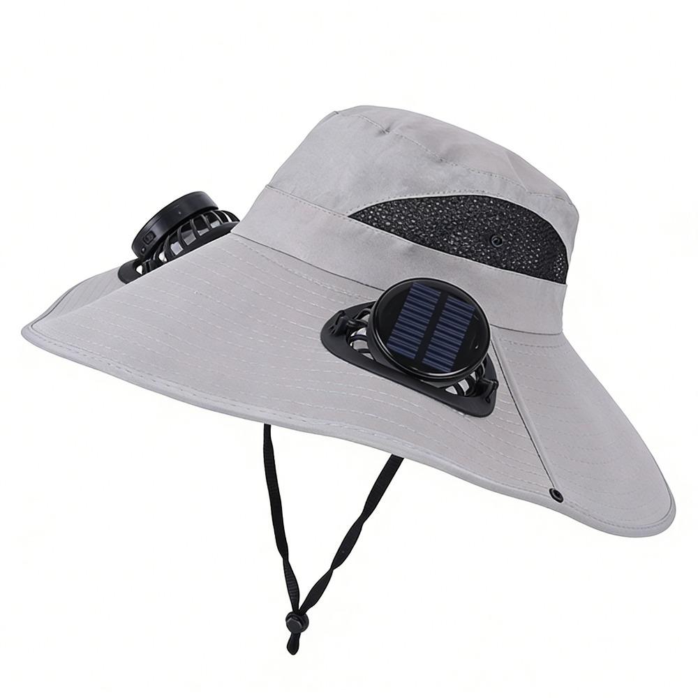 

Breathable Solar Fan Hat Dual Fan Wide Brim Sun Cap Convenient Cooling Fisherman Hat Beach Grey Round