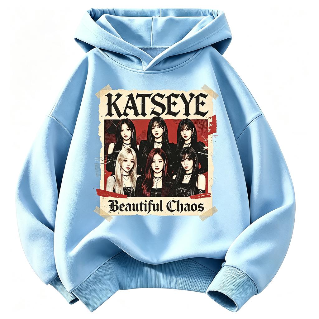 KATSEYE Beautiful Chaos Vintage Poster Kids Hoodie, Retro Group Photo Graphic Pullover Sweatshirt Unisex Boys Girls Kpop Fan Streetwear Tops