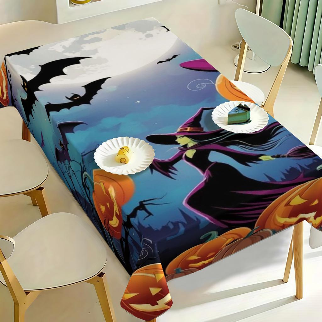 1pc Tablecloth Halloween Theme Pumpkin Witch Bat Full Pattern Printed Tablecloth Polyester Fiber Home Party Gathering Table Decoration Creating Myster