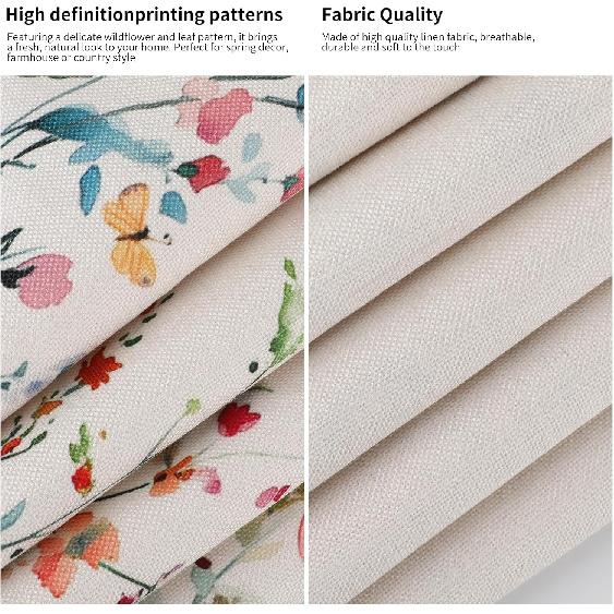 Set of 4 Spring Floral Throw Pillow Covers 18x18 Inches,Soft Linen Cushion Cases with Wildflowers Plants and Butterfly Garden Design for Couch Sofa
