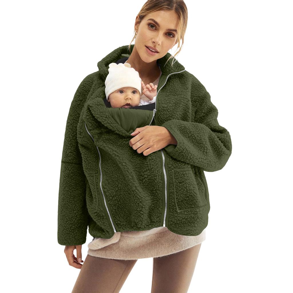 Ensemble familial assorti surdimensionné à la mode pour femmes: Manteau Kangourou Mère-Enfant Une Pièce Couleur Unie en Peau de Mouton