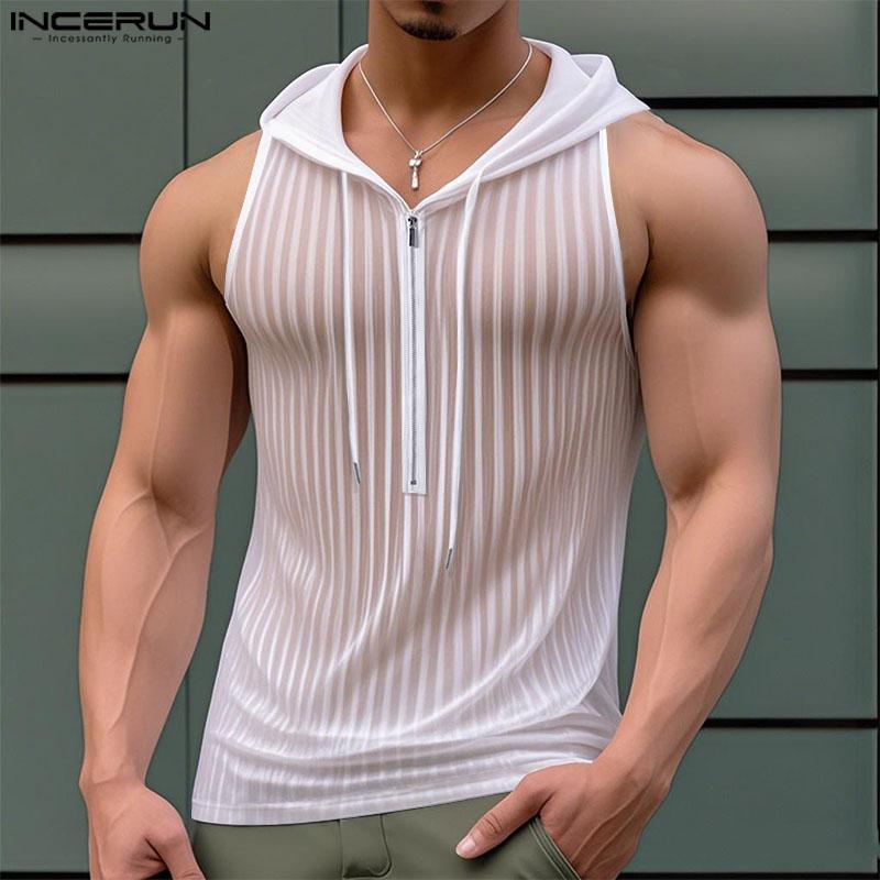

INCERUN Men Hooded Tank Tops Sleeveless Striped See Through Transparent Tee 3XL білий