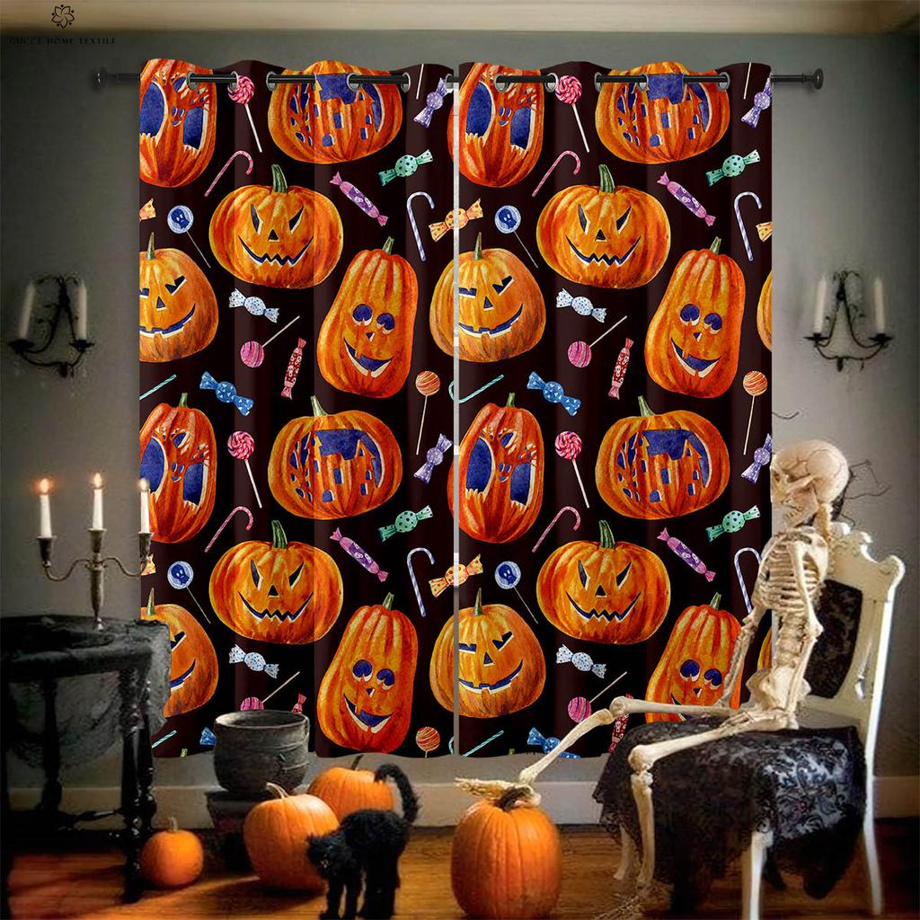 Card Halloween Window Decoration Curtains, Horror Pumpkin Ghost Pattern, Bedroom, Restaurant, Party, 2 Pcs