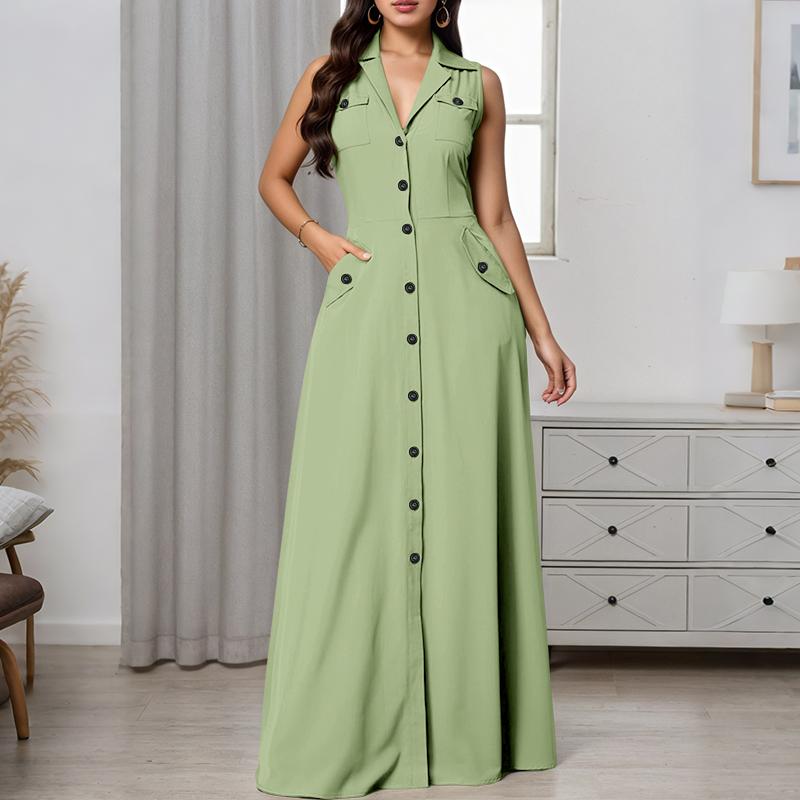 

ZANZEA Women Turn Down Collar Summer Casual Sleeveless Long Dress L зелений