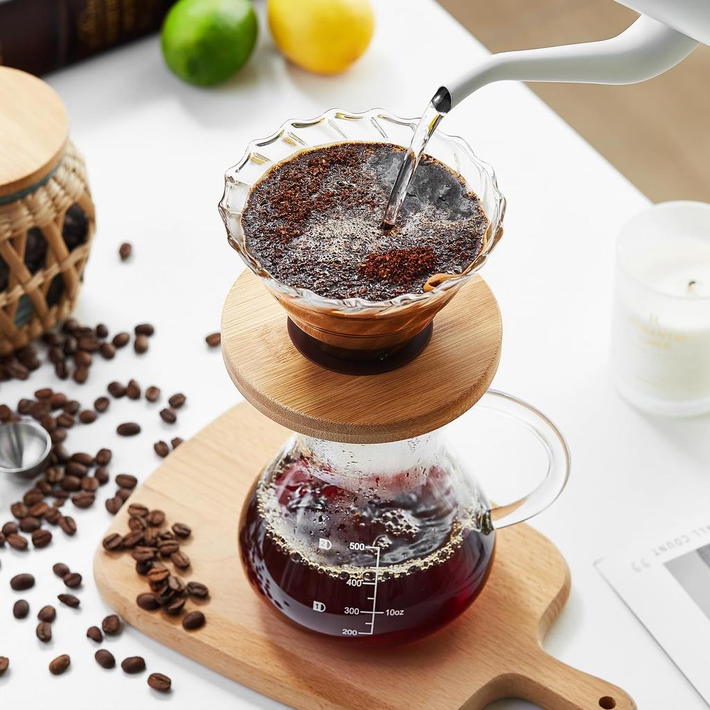 Pokaro Tea Coffee Paper Filter with Bamboo Cup Handmade Drip Coffee Coffee Present Dripper, Heat-Resistant Glass, Compatible, Stand, 1-4 Capacity,