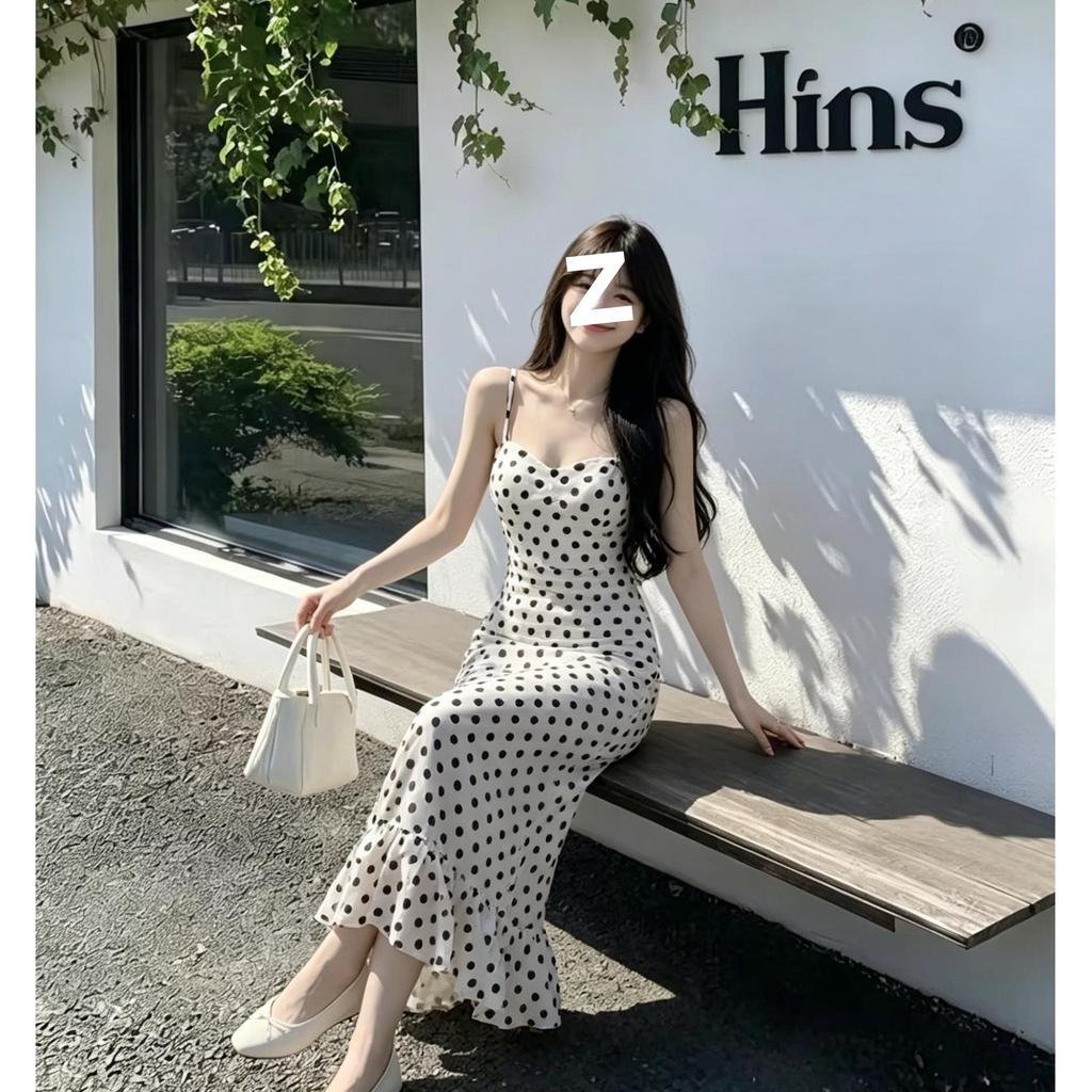 French Polka Dot Suspender Dress Xia Chun Wants the Wind To Close the Waist and Look Thin, Fish Tail Long Dress Temperament Gentle Wind Hip Long Style