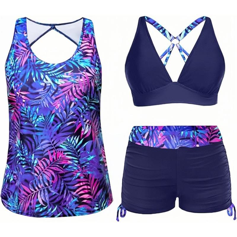 Hollow Back Three-piece Set, Side Adjustable Drawstring Boxers, Split Swimsuit for Women