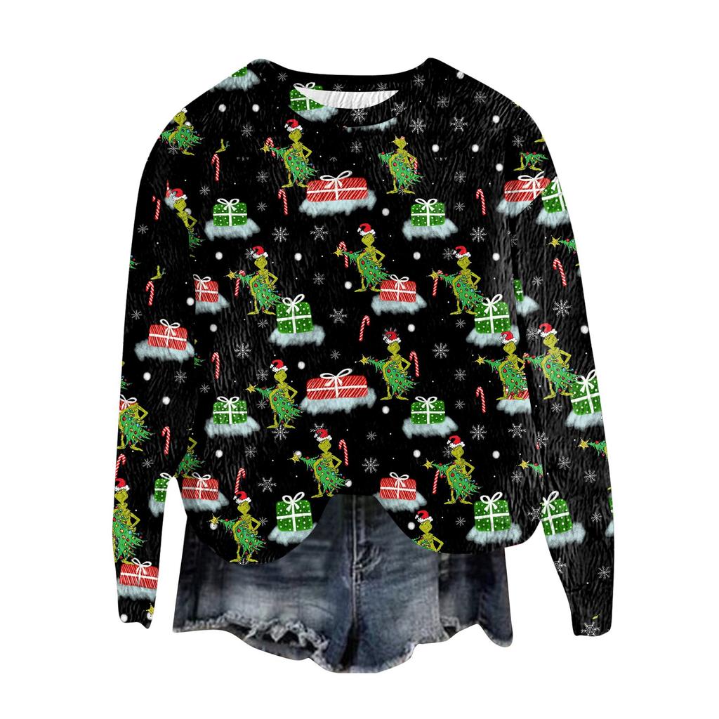 Women's Fashion Round Neck Pullover Top Long Sleeve Tee Christmas Printed Sweatshirt