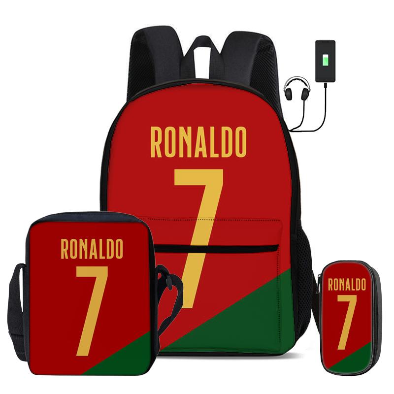 Ronaldo 3 Pcs Set School Bags Backpack with USB Interface CR Football Star Shoulder Bag Football Sports Pencil Bag Kids Rucksack