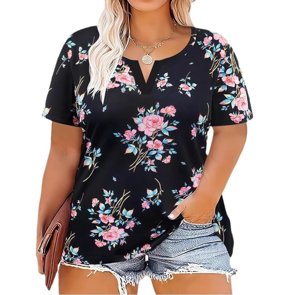 T-shirt à manches courtes pour femme grande taille à col en V et imprimé ethnique printemps/été 2025
