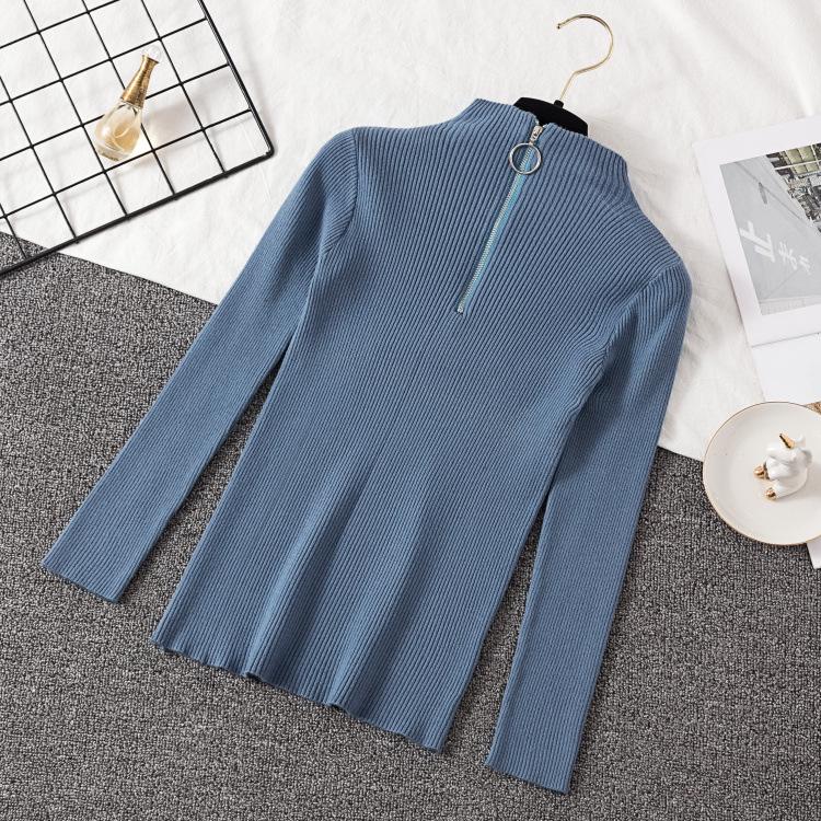 Knitted Women Zipper Half High Neck Ring Zipper Slim Top Sweater Pullovers Autumn Winter Basic Women Sweaters Slim Solid Knitwear Pull Femme Tops