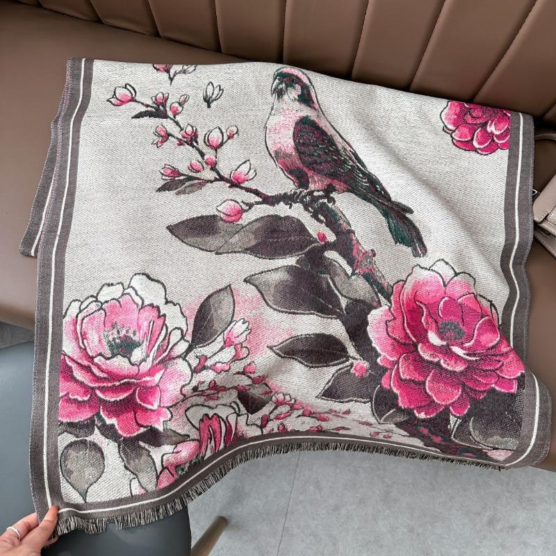 Retro bird flower shawl women's autumn and winter travel versatile multi-functional warm scarf double-sided scarf