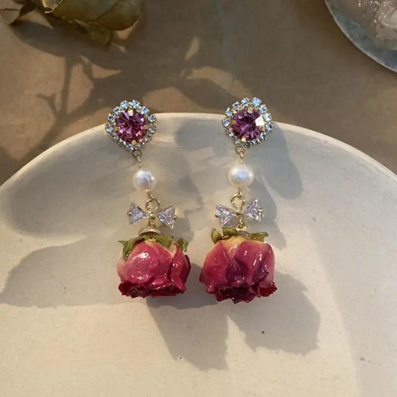 Retro Natural Real Flower Eternal Flower Earrings Niche Design Sense Freshwater Pearl Femaleaint for Women Long Earrings Jewelry