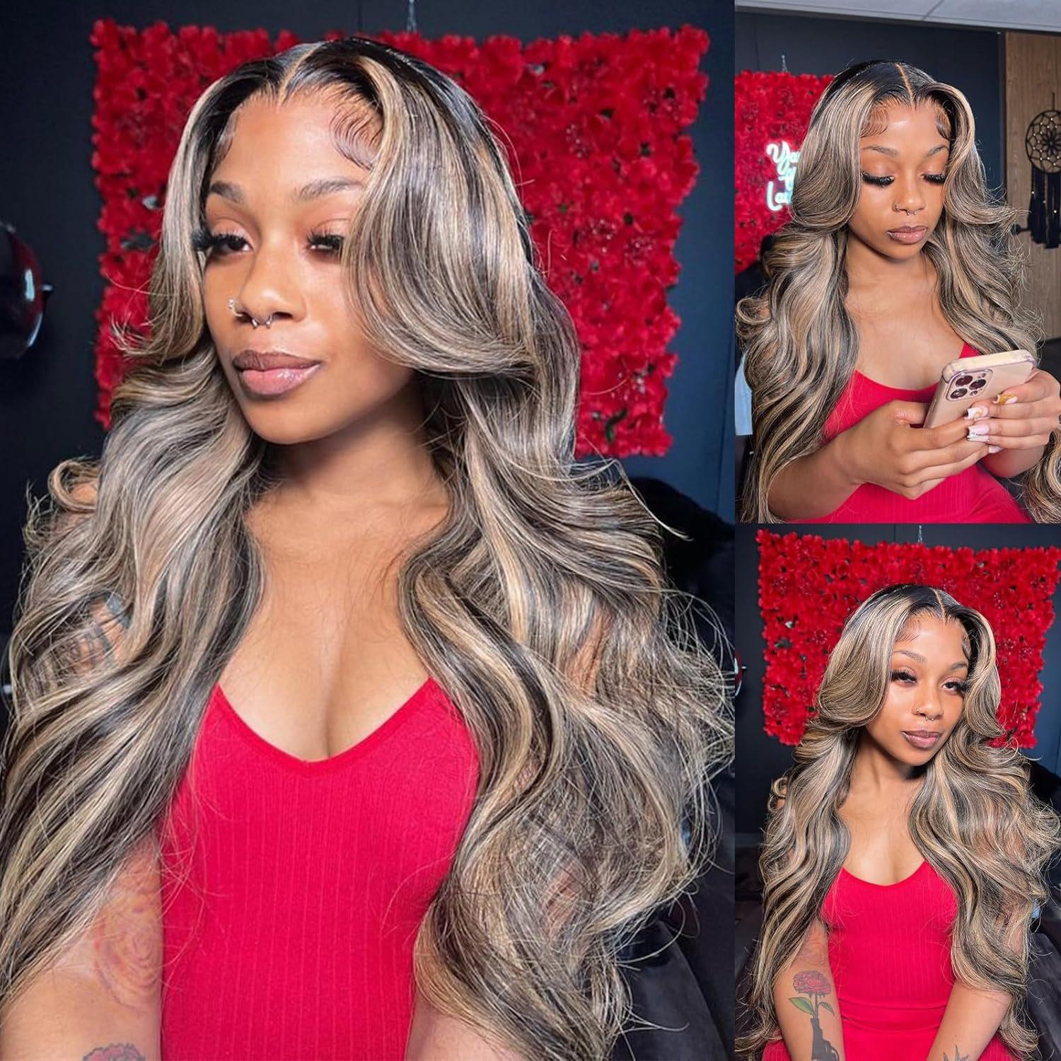 Women s front lace wig brown mixed color medium parted long curly hair big wave wig коричневый