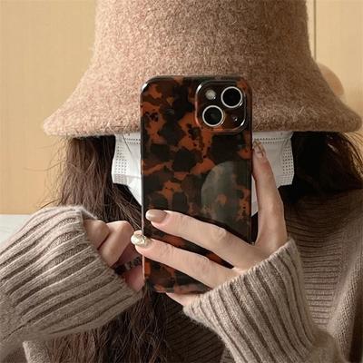 Elegante custodia protettiva antiurto in morbida pelle di tartaruga color ambra lucida per iPhone 16, 15, 14, 13, 12, 11 Pro Max