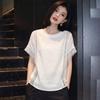 Women's White Hollow Lace Spliced Round Neck Loose Short Sleeve Blouse